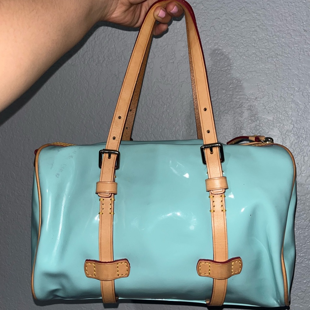 Dooney & Bourke Aqua Satchel with Tan Straps - Picture 5 of 11